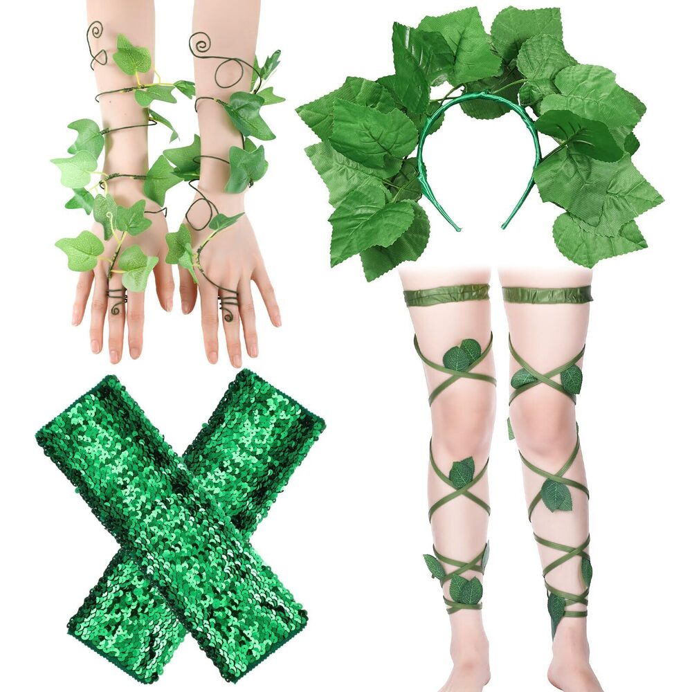 7370 4 Pcs Green Leaf Arm Wrap Hairband Garter Leg Wraps Elf Cosplay